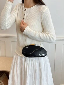 Women's Evening Clutch, Solid Color Hard Shell, Dual-Tone Metal Clasp, Detachable Chain Strap, Fashionable Portable Hard Shell Wallet, Suitable For Weddings, Parties, Balls - Black - View 3