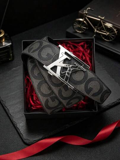 1pc Men's Letter Alloy Automatic Buckle PU Leather Belt, High-End Fashion, Suitable For Matching With Pants, Dress Pants, Long Pants, Perfect Gift For Boyfriend And Father In Summer, Autumn, Halloween, Winter, Suitable For Teenagers, Young Men, Men, Casual, Outdoor, Sports, Vacation, Also As Graduation Gift, Birthday Gift, Daily Wear