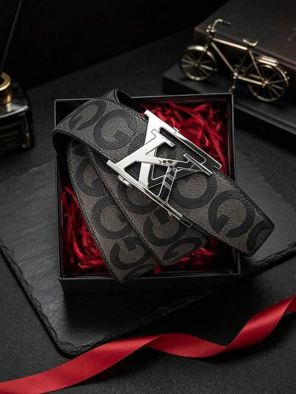 1pc Men's Letter Alloy Automatic Buckle PU Leather Belt, High-End Fashion, Suitable For Matching With Pants, Dress Pants, Long Pants, Perfect Gift For Boyfriend And Father In Summer, Autumn, Halloween, Winter, Suitable For Teenagers, Young Men, Men, Casual, Outdoor, Sports, Vacation, Also As Graduation Gift, Birthday Gift, Daily Wear