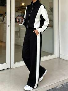 Women's Casual Colorblock 2 Pieces Set With Zipper Collar Top And Wide Leg Pants, Autumn Women's Sweatshirt 2 Pieces Set With Patchwork Colorblock, Casual Fashion Elegant Zipper 2 Pieces Set, Sports Outfit, Autumn/Winter Home Office Streetwear, Fashion Spring/Autumn/Winter Clothing, Graduation Outfit, Back To School Outfit, Graduation Outfit, Women's Teacher Outfit, Back To School Season Outfit, Autumn Clothing, Autumn Clothing - Black and White - View 3