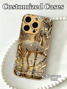 1pc Customizable Phone Case With Luxury Rhinestone Gold Horse Design, Tempered Glass Material, Compatible With Iphone 17 Air/16 ProMax/15 Pro/14 Plus/13 Pro/12 Pro Max/11/Xs Max/8/7/6 Plus, S24 Ultra/S25 Ultra/A12, Elegant Luxury Minimalist Design, Creative Personalized Protective Case, Gift - Gold - View 1