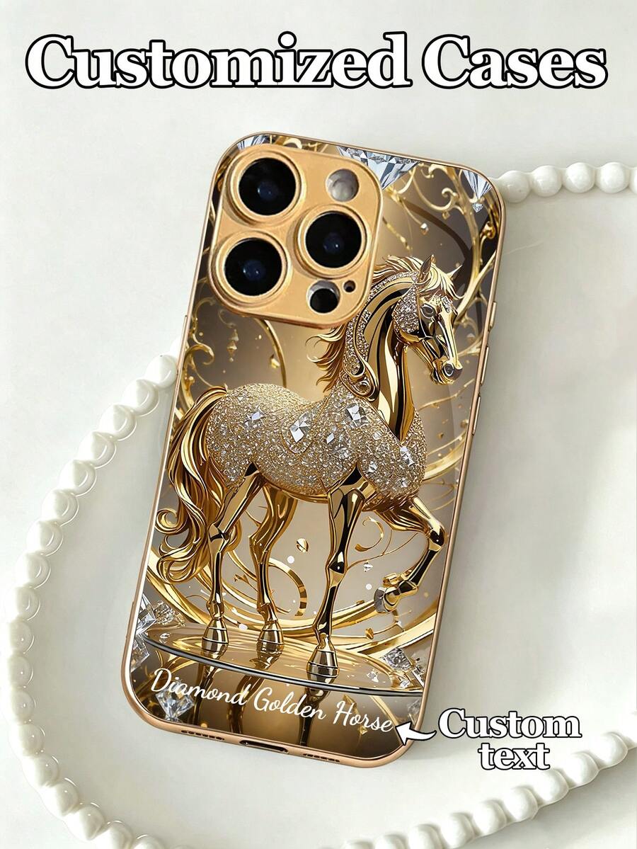 1pc Customizable Phone Case With Luxury Rhinestone Gold Horse Design, Tempered Glass Material, Compatible With Iphone 17 Air/16 ProMax/15 Pro/14 Plus/13 Pro/12 Pro Max/11/Xs Max/8/7/6 Plus, S24 Ultra/S25 Ultra/A12, Elegant Luxury Minimalist Design, Creative Personalized Protective Case, Gift - Gold - View 1