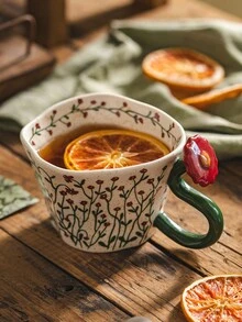 DearDali 1pc Hand-Painted Vine & Floral Ceramic Mug With 3D Flower Handle And Wavy Rim, French Vintage Pastoral INS Style Coffee Cup For Tea, Latte, Milk, Juice, Home Afternoon Tea, Creative Holiday Gift - Multicolor - View 12