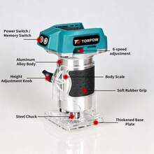 TORPOW Cordless Wood Trimmer Router 6 Speed Adjustable 6.35mm Collet 3000-30000RPM Handheld Woodworking Edge Trimming Power Tool, No Battery - Blue - View 5