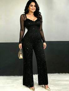 Elegant Black Knit Jumpsuit With Transparent Long Sleeves And Shiny Details, Suitable For New Year - Black - View 5