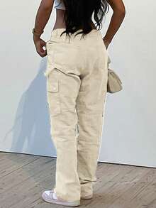 GILIPUR New Solid Color Women's Cargo Wide Leg Pants, Elastic Waist Design, Multi-Pocket, Casual Style, Y2K Style, Elegant And Fashionable - Apricot - View 3