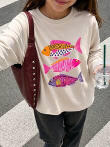 Tween Girl 1pc Colorful Fish Print Long Sleeve T-Shirt, Suitable For Girls' Autumn/Winter Top, Young Student Children's Clothing, Suitable For Outerwear And Layering - Apricot - View 2
