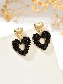 1pc Luxury Fashion Personalized Hollow Handmade Woven Artificial Crystal Heart Pendant Earrings, Suitable For Women's Daily, Vacation, Party, Wedding Season Gift - Black - View 5