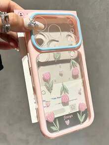 Cute Romantic Tulip Pattern Transparent Hard Shell Phone Case, Compatible With IPhone 18 Pro Max 18 Pro 17 Pro Max 17 Pro 16 Pro Max 16 Pro 15 Pro Max 14 Pro Max 15 16 17, Artistic Fashion Contrast Color Camera Protective Cover, Gift For Women - Pink - View 2