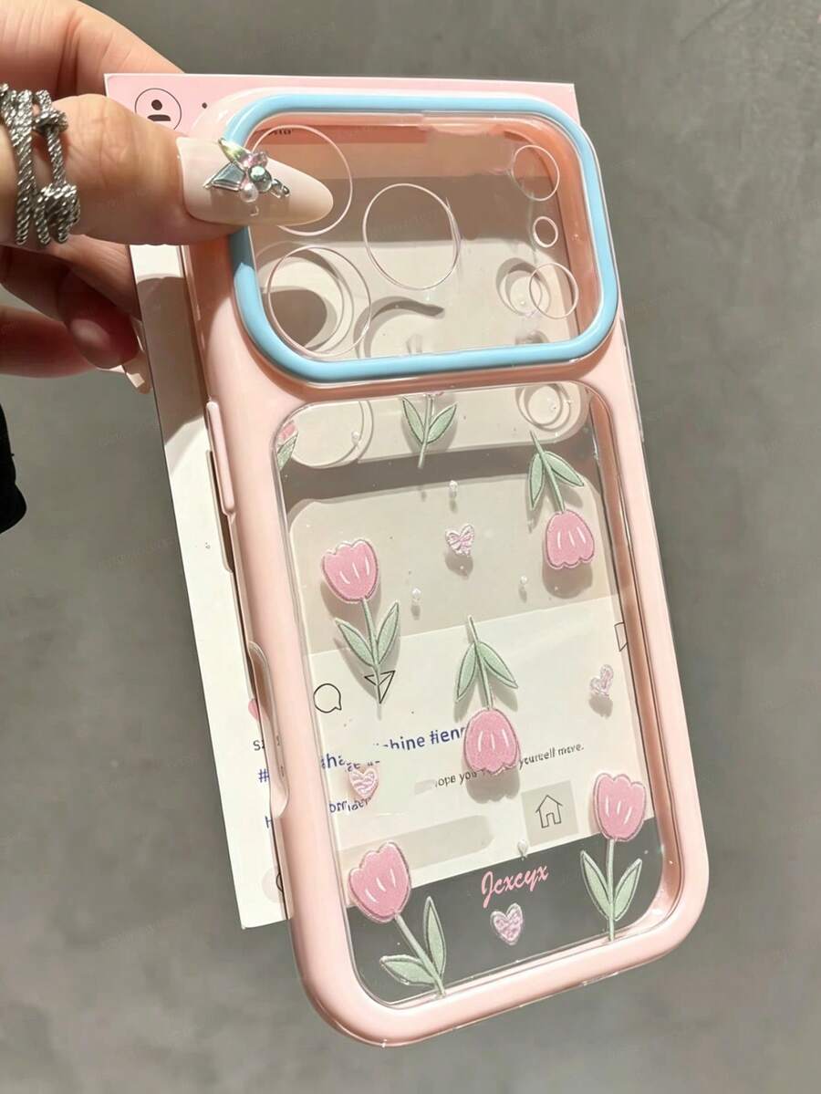 Cute Romantic Tulip Pattern Transparent Hard Shell Phone Case, Compatible With IPhone 18 Pro Max 18 Pro 17 Pro Max 17 Pro 16 Pro Max 16 Pro 15 Pro Max 14 Pro Max 15 16 17, Artistic Fashion Contrast Color Camera Protective Cover, Gift For Women