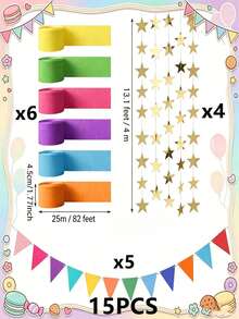 Rainbow Party Decoration Set, Includes Colorful Crepe Paper Banner, Gold Star Garland Backdrop And Flags, Suitable For Wedding Party, Luxury Birthday Party Hanging Decoration - Multicolor - View 7