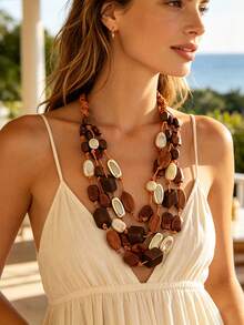 Maillard Vintage Multi-Layer Wooden Bead Necklace, Handmade Braided Rope Contrast Color Neck Chain, Versatile Exaggerated Accessory For Vacation And Commute - Brown - View 5