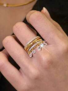 1pc Multi-Layer Fashion Gold Plated Ring Set With Zirconia Crystal Tassel, Adjustable Open Ring, Jewelry For Wedding, Party - Multicolor - View 5