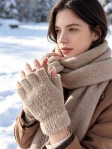 1 Pair Of Women's Open Finger Knitted Plush Gloves, Suitable For Winter Travel Essential Warmth, Used For Daily Office Writing - One Size - View 2
