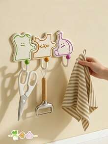 3pcs Kitchen Adhesive Hooks No-Drill Wall Mounted Organizer With Onion Ginger Garlic Design, Waterproof Storage Solution For Home Bathroom Bedroom Decor Accessories - Multicolor - View 4