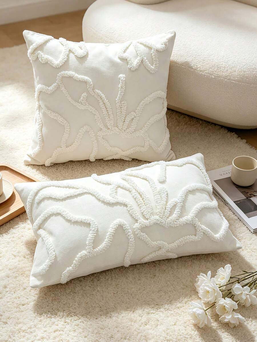 1件白色花卉刺繡枕套,3D簇絨刺繡靠墊套,居家沙發裝飾枕套,公寓枕套,床上用品配件 - 白色 - 查看 1