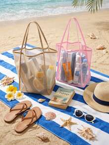 1pc/2pcs Large Capacity Breathable Mesh Beach Tote Bag, Foldable Portable Pool Storage Bag, Suitable For Swimming, Beach, Travel And Daily Organization - Multicolor - View 1