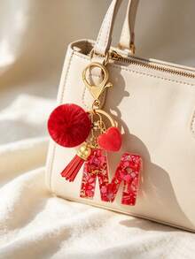 Cute Initial Red Heart Gold Foil Stone Tassel Pom Pom Keychain Resin Drip Glue Minimalist Personalized Key Chain For Women Bags Daily Wear And Gift - Red - View 6