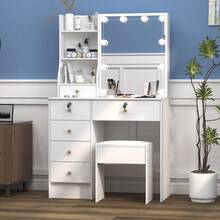 Teousev Dressing Table With LED Lights Mirror & Stool, Vanity Makeup Table With 5 Drawers, Open Storage Shelves, 3 Colour Adjustable Light, Lockable Drawers, White Cosmetic Desk For Bedroom - White - View 9