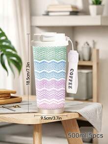 1pc/5pcs 500ml Rainbow Knit Texture Travel Mug, Double-Wall Stainless Steel Insulated Cup, Colorful Knit Striped Pattern Print Design, Portable Coffee Cup With Lanyard, Suitable For Daily Commute - White - Colorful Letters - View 4