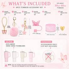 6PCS Butterfly Tumbler Accessories Set For 40oz Cups, Glitter Silicone Boot, Butterfly Straw Topper, Pom Pom Keychain, Flower Charm, Butterfly Pendant Chain & Heart Adhesive Hook, Cute Cup Decor Gift For Women, Cup Not Included - Multicolor - View 9