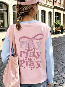 Tween Girl 1pc Printed Patchwork Contrast Color Long Sleeve T-Shirt, Suitable For Girls' Autumn/Winter Tops, Young Student Children's Wear, Suitable For Outerwear And Layering - Pink - View 3