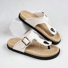 Men's Frayed Edge Adjustable Buckle Thong Flip Flops, Vintage Slouchy Summer Daily Beach Casual Flat Sandals - White - View 7
