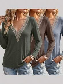 3pcs Women's Autumn Long Sleeve V-Neck Lace Detail Knit T-Shirt Regular Fit Top - Army Green + Dark Brown + Dark Blue - View 1
