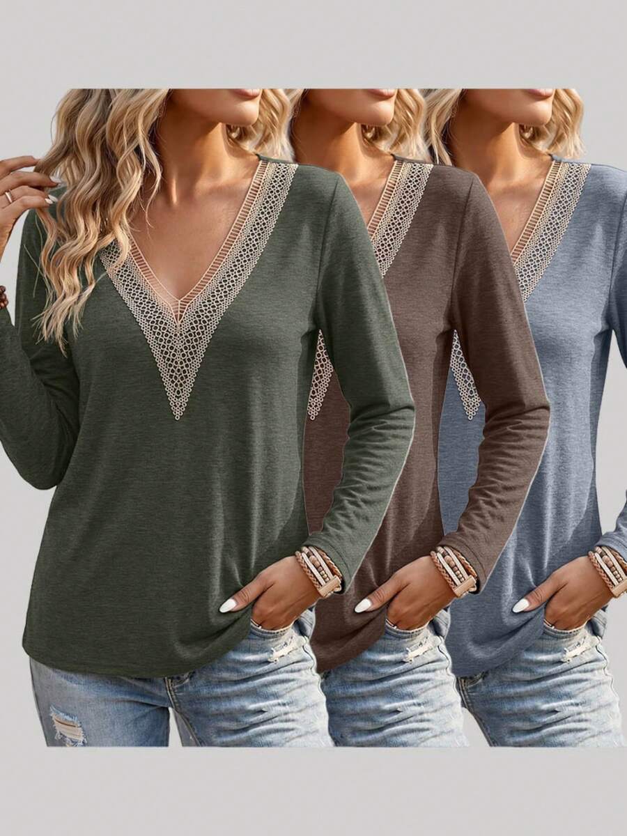 3pcs Women's Autumn Long Sleeve V-Neck Lace Detail Knit T-Shirt Regular Fit Top - Army Green + Dark Brown + Dark Blue - View 1