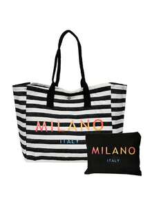 「Milan, Italy」漸層字母印花條紋托特包套組，附配套拉鍊化妝收納包，時尚都市街頭風單肩包，復古條紋手提包，大容量日常通勤學習旅行肩背包，便攜可重複使用購物袋，個性化禮品包，適合旅行、海灘度假、辦公工作與日常通勤，送給女性、家人、老師、朋友、閨蜜與學生的完美禮物，開學季、情人節、教師節、萬聖節、復活節、聖誕節禮物 - 彩色 - 查看 14