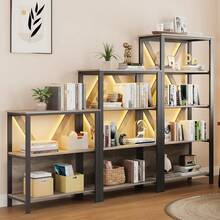 Librería/Estantería industrial con luces LED RGB regulables, estantes abiertos de madera y metal, mueble auxiliar independiente para oficina en casa, salón o dormitorio, estilo rústico vintage - Gris de 4 niveles - Ver 6
