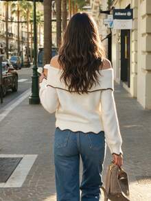 Fall Winter Women's White Off-Shoulder Sweater, Long Sleeve Pullover With Brown Scalloped Edge Detail - Beige - View 10