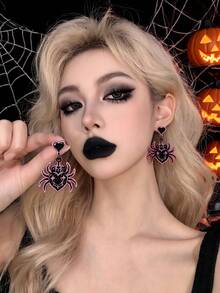A Pair Of Halloween Heart-Shaped Spider Earrings, Gothic Bridal Accessories, Halloween Jewelry, Suitable For Halloween, Parties, And Holiday Gifts. - Multicolor - View 2