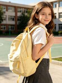 1pc Preppy Style Solid Color Casual Backpack, Multi-Pocket Lightweight School Day Bag With Adjustable Shoulder Straps, Suitable For Students/Girls/Teens/Young Adults, Perfect For Back To School, Campus Learning, Outdoor Camping, Short Weekend Trips And Daily Casual Outdoor Use - Yellow - View 2