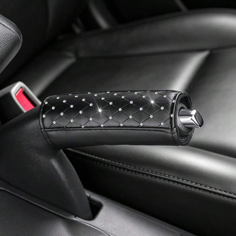 Luxury Diamond‑Studded Car Gear Shift Knob Cover Handbrake Sleeve, PU Leather Auto Gear Lever Protection Cover, Universal Fit Most Vehicles, Stylish Car Interior Modification Accessories - B - View 1