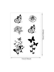 1 Sheet Elegant Black Outline Butterfly Rose Fake Tattoo Sticker, Minimal Floral Insect Temporary Tattoo, Sweat‑Resistant Waterproof Body Decal, Chic Pattern For Fingers Hand, Fashion Body Accessory For Young Ladies - Black - View 6