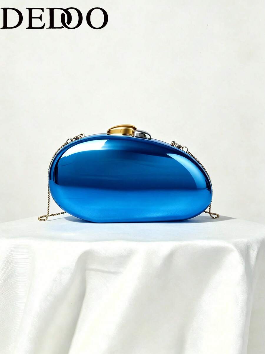 Women's Evening Clutch, Solid Color Hard Shell, Dual-Tone Metal Clasp, Detachable Chain Strap, Fashionable Portable Hard Shell Wallet, Suitable For Wedding, Party, Ball - Blue - View 1