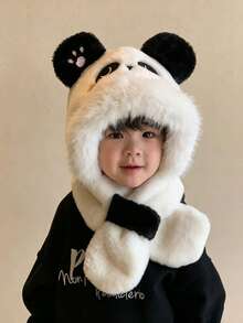 1pc Kids Cute Panda Embroidery Faux Plush Warm Windproof One-Piece Set, Autumn/Winter Outdoor Daily Wear - Multicolor - View 4