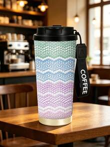 1pc/5pcs 500ml Rainbow Knit Texture Travel Mug, Double-Wall Stainless Steel Insulated Cup, Colorful Knit Striped Pattern Print Design, Portable Coffee Cup With Lanyard, Suitable For Daily Commute - White - Colorful Letters - View 8