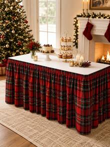 1pc Red Plaid Table Skirt, Festive Polyester Round Elastic Table Cover Skirt With Classic Tartan Print, Gathered Pleated Edge For Dessert Table, Buffet Table, Cake Display, Party Supplies, Christmas Holiday Home Decor - Multicolor - View 2