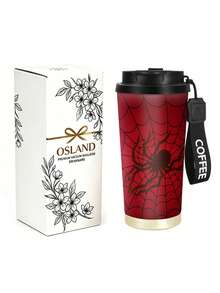 1pc/5pcs 500ml Halloween Red Spider Web Stainless Steel Insulated Coffee Mug, Spider And Spider Web Halloween Pattern Print Design, Autumn/Winter Couple Water Cup With Lanyard Portable Coffee Mug, Suitable For Daily Commute - Red-spider - View 6