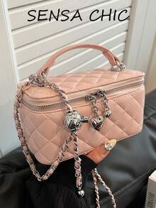 Gesteppte Rauten-Herz-Handtasche mit Metallkettendetail, elegante Luxus-Box-Tasche, Damen-Handtasche für Date, Party und Reisen, kleine Crossbody-Tasche, atmosphärisches Outfit-Accessoire - Pink - Übersicht 8
