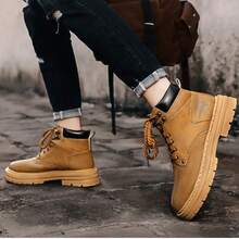 Men's Khaki Casual Work Boots, Thick Sole High-Top Boots - Yellow - View 2