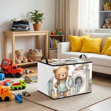 1pc Cute Cartoon Bear Laundry-Themed Fabric Storage Box With Zipper And Double Handles, Foldable Wardrobe Organizer Box For Storing Clothes, Bedroom Shelf Storage - Multicolor - View 4