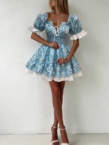 Women's Blue Ditsy Floral Sexy Cute Romantic Countryside Sweet Off-Shoulder Contrast Color Lace Patchwork Tie Waist Mini Dress, Spring/Summer Elegant - Baby Blue - View 6