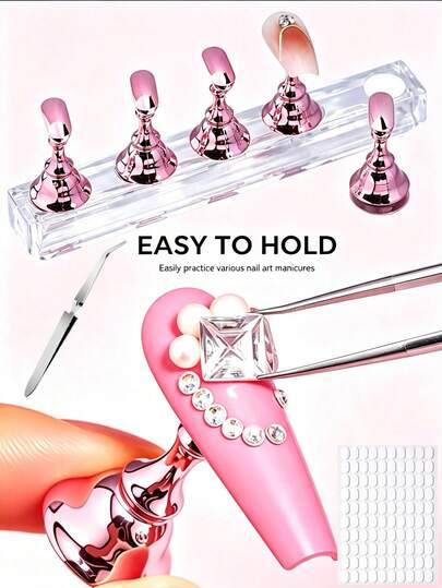 Nail Art Practice Kit With Magnetic False Nail Holder, Transparent Acrylic Display Stand, Reusable Adhesive Pads And Curved Tweezers, Nail Art Training Tools For DIY Nail Training, Salon And Home Use