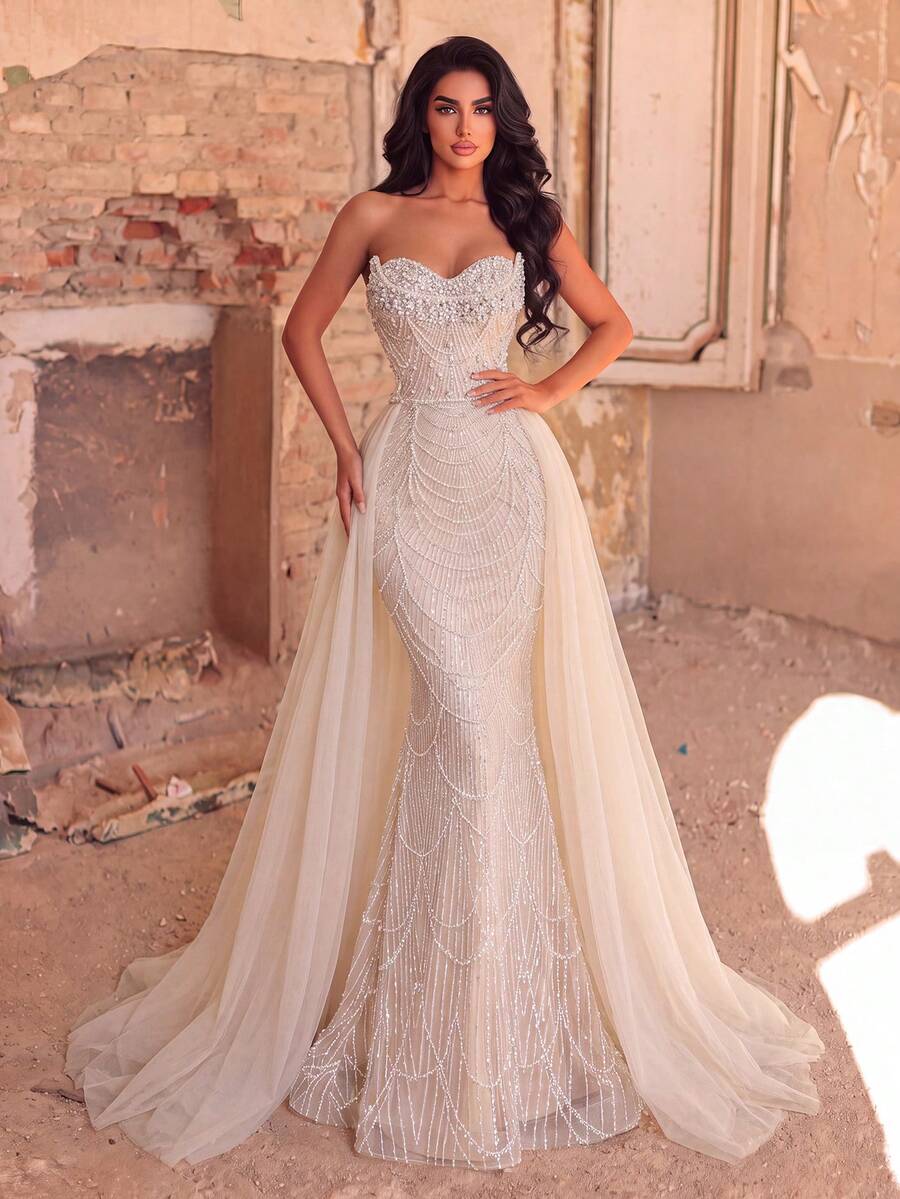 Faeriesty Elegant Beaded & Sequin Embroidered Evening Gown, Heart-Shaped Neckline, Sheer Mesh Trailing Design, Graceful Train Fall Wedding