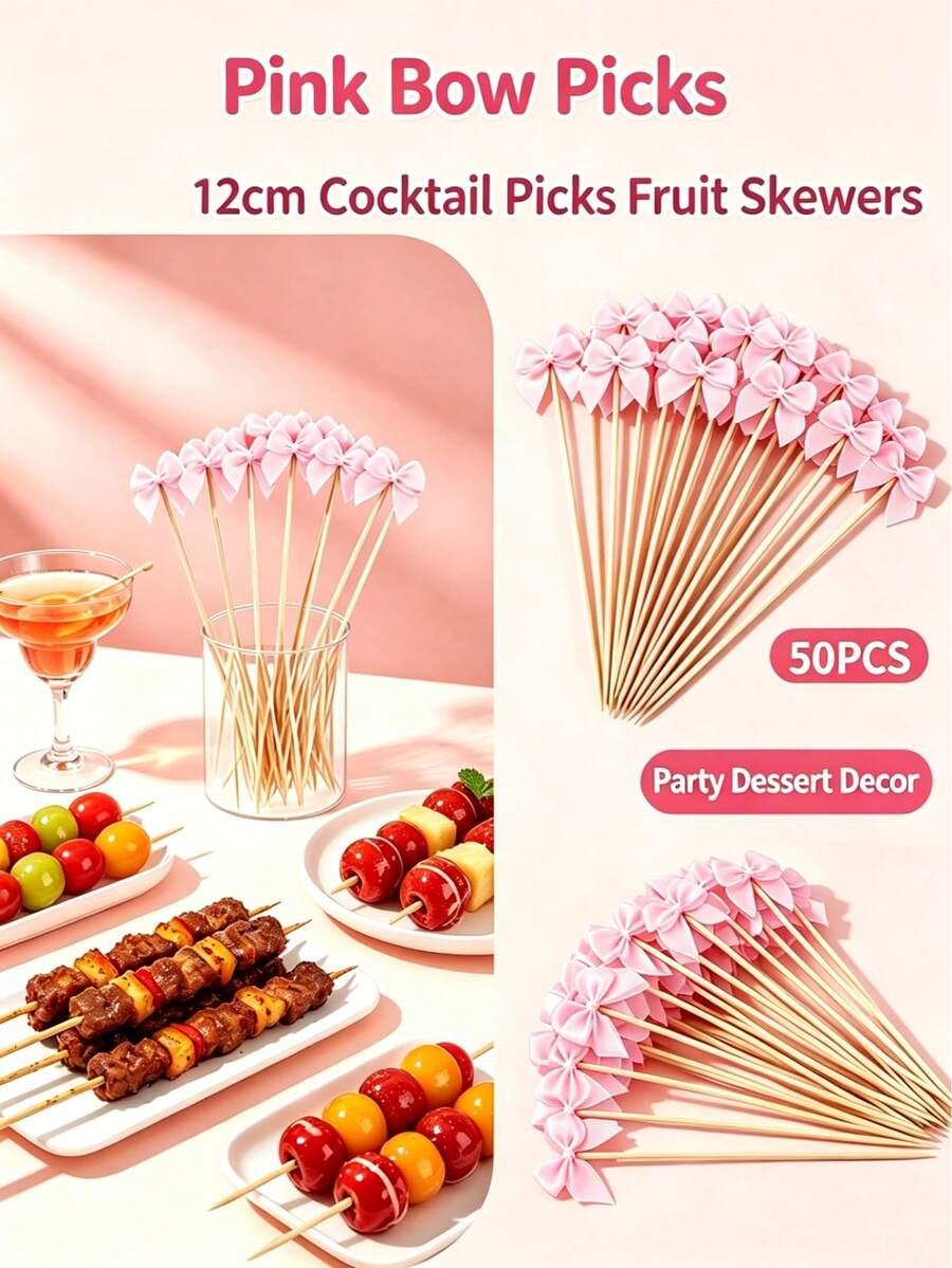 50pcs Pink/Red Bow Cocktail Pick Appetizer Ribbon Bow Toothpick Ribbon Decorations For Fruit Dessert, Drink Stirrers For Wedding Party Shower, Ballerina Sandwich Skewers Bul - Bow - View 1