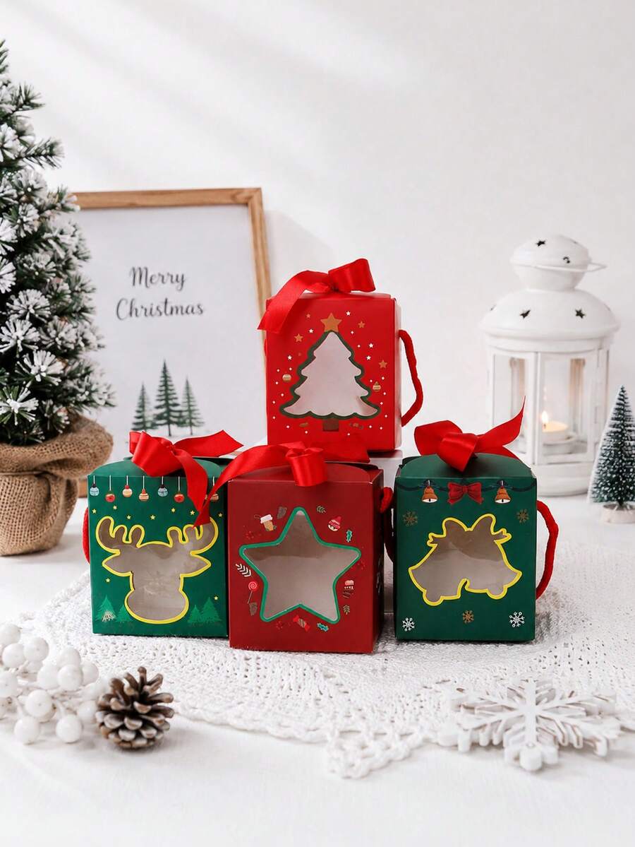 4/8/12pcs Christmas Gift Box With Handle & Ribbon,Xmas Candy Boxes With Window Cutout, Reindeer Tree Star Design, Holiday Party Favor Treat Boxes With Bow - View 1
