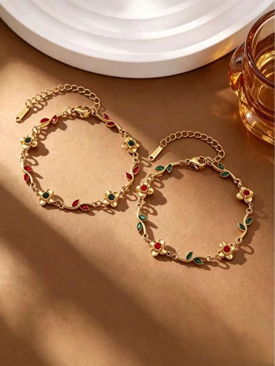 1 pieza Nuevo brazalete de moda fresca con pequeña flor & hoja verde, accesorio de mujer de acero inoxidable chapado en oro de 18K, adecuado para uso diario y ocasiones festivas